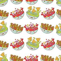 Seamless pattern with mexican fajitas, nachos, guacamole, bean soup with funny faces in doodle cartoon style isolated on white background vector