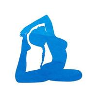 Woman  yoga silhouette in King Pigeon pose, texture blue aqua watercolor hand drawing. vector