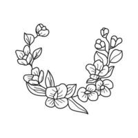 poner corona floral con hojas y bayas, elemento de diseño de corona de laurel, mano simple dibujada para invitación de boda, tarjeta de saludo, flores aisladas en fondo blanco. vector