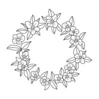 poner corona floral con hojas y bayas, elemento de diseño de corona de laurel, mano simple dibujada para invitación de boda, tarjeta de saludo, flores aisladas en fondo blanco. vector