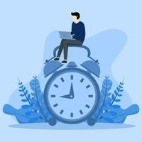 After hours worker concept, confident businessman using laptop computer sitting at work hours at night with colleagues in other country, working overtime or different working time concept. vector