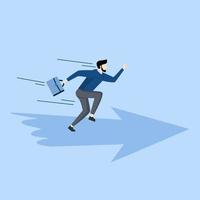 Concept Moving forward to achieve success, career development or work venture concept, confident ambitious businessman walking forward with arrow symbol, motivation to achieve business targets. vector