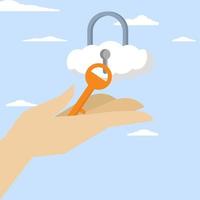 Cloud security system concept, secure shield technology fire safety access online company server, protect information for remote work, businessman hand holding floating cloud padlock with security key vector