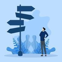 The concept of business decision making, career pathway, confusing entrepreneur seeing various road marks with question marks and thinking where to go, the concept of choosing the right way to succeed vector