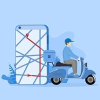 Concept of sending a package to a destination. A man drives a scooter with boxes. Package delivery tracking notification on phone metaphor.