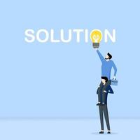 concepto de cooperación y trabajo en equipo, grupo de profesionales de negocios alcanzan una bombilla brillante, concepto de solución, solución alternativa y resolución de problemas. vector