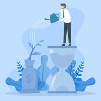 Saving and investment account concept, prosperity, smart businessman investor standing on sandy water growing from money bag, income growth from compound interest in long term investment concept. vector