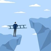 Concept of solution to solve problem, motivation for business growth, belief of businessman holding ladder will climb to higher cliff, concept of courage to overcome difficulties or obstacles. vector