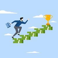 Ladder to money success concept, financial independence or financial freedom, businessman will step on money ladder to achieve goals, income growth or wealth management, investment opportunity concept vector
