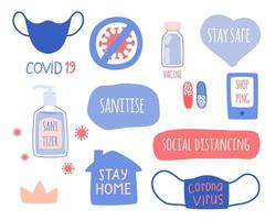 The set of elements of the concept of coronavirus, hygiene and medicine. Vector illustration in flat style.