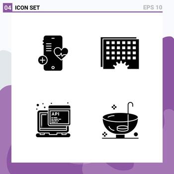 Modern Set of 4 Solid Glyphs Pictograph of medical api heart processing script Editable Vector Design Elements