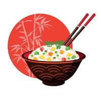 comida asiática. una taza de arroz blanco con vegetales. imagen en estilo japonés. comida tradicional vector