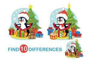 Mini Games For Children. Christmas Set. Find 10 Differences In The Picture. A Cute Penguin Opens A Present On Christmas Eve. Christmas Tree And Gifts. Games For Attention, Memory For Children vector