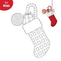 minijuegos para niños. conjunto de navidad. libro de colorear. hermoso calcetín rojo de año nuevo, una muestra para colorear. juego educativo de cartas para niños pequeños vector