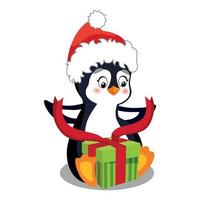 New Year Illustration, Winter Set. A Cute Little Penguin In A Santa Hat Unpacks A Gift With A Red Ribbon. Character On White Background, Isolated Object. A Series Of Cute Animals For Kids vector