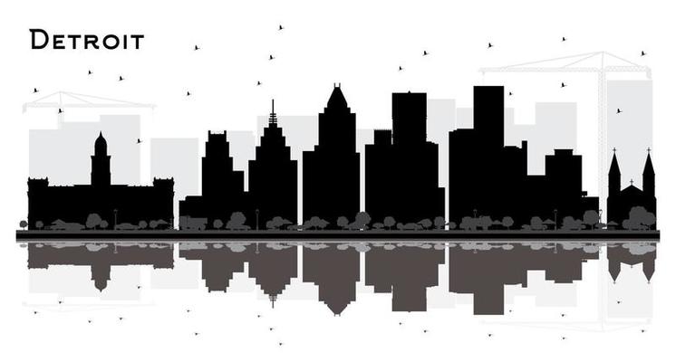 Detroit Michigan City Skyline Silhouette with Black Buildings Isolated on White.
