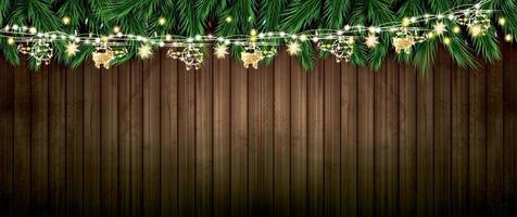 Fir Branch with Neon Lights and Golden Garland with Helicopters on Wooden Background. vector