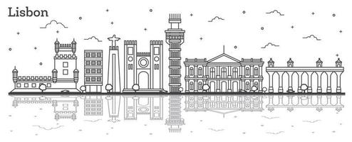 Outline Lisbon Portugal City Skyline with Historic Buildings and Reflections Isolated on White. vector