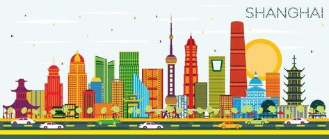 Shanghai China City Skyline with Color Buildings and Blue Sky. vector