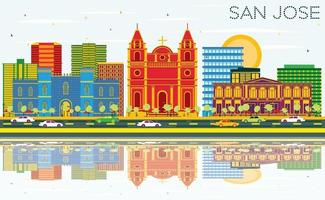 San Jose Skyline with Color Buildings, Blue Sky and Reflections. vector