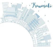 Outline Kawasaki Japan City Skyline with Blue Buildings and Copy Space. vector