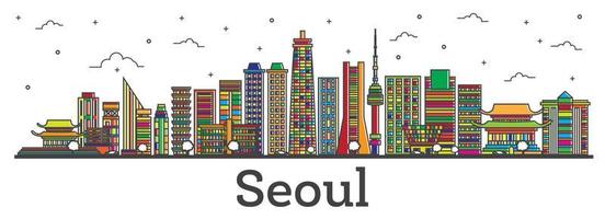 delinear el horizonte de la ciudad de seúl corea del sur con edificios de color aislados en blanco. vector