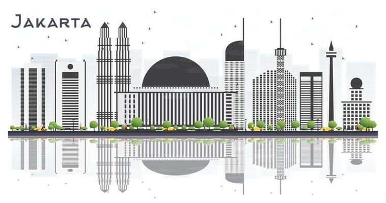 Jakarta Indonesia City Skyline with Gray Buildings and Reflections Isolated on White Background.