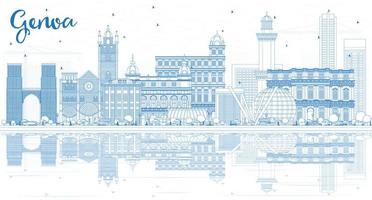 Outline Genoa Italy City Skyline with Blue Buildings and Reflections. vector