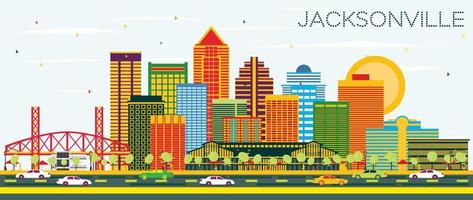 Jacksonville Florida Skyline with Color Buildings and Blue Sky. vector
