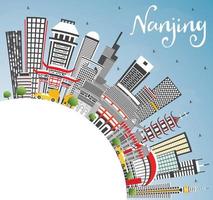 Nanjing China Skyline with Gray Buildings, Blue Sky and Copy Space. vector