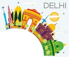 Delhi India Skyline with Color Buildings, Blue Sky and Copy Space. vector