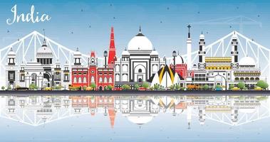 India City Skyline with Color Buildings, Blue Sky and Reflections. vector