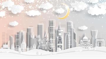 Moscow Russia Skyline in Paper Cut Style with Snowflakes, Moon and Neon Garland. vector