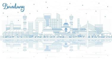 Outline Bandung Indonesia City Skyline with Blue Buildings and Reflections. vector