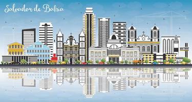 Salvador de Bahia City Skyline with Color Buildings, Blue Sky and Reflections. vector