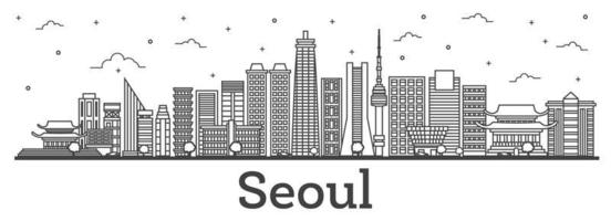 delinear el horizonte de la ciudad de seúl corea del sur con edificios modernos aislados en blanco. vector