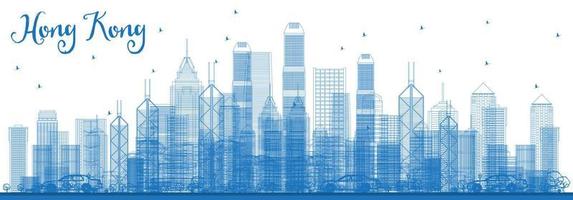 Outline Hong Kong China Skyline with Blue Buildings. vector