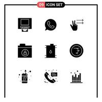 Set of 9 Vector Solid Glyphs on Grid for coin finance gesture business lock Editable Vector Design Elements