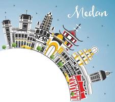 Medan Indonesia City Skyline with Color Buildings, Blue Sky and Copy Space. vector