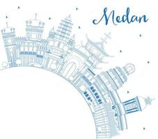 Outline Medan Indonesia City Skyline with Blue Buildings and Copy Space. vector