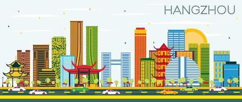 Hangzhou China Skyline with Color Buildings and Blue Sky. vector