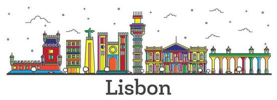 delinear el horizonte de la ciudad de lisboa portugal con edificios de color aislados en blanco. vector