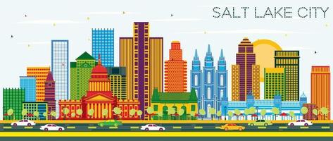 Salt Lake City Utah Skyline with Color Buildings and Blue Sky. vector