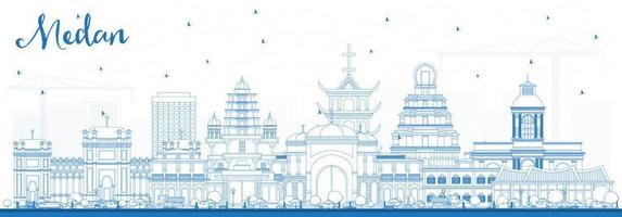 delinear el horizonte de la ciudad de medan indonesia con edificios azules. vector