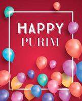 Happy Purim Holiday Card with Air Balloon on Red Background. vector