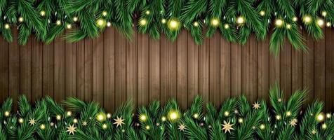 Fir Branch with Neon Lights and Golden Stars on Wooden Background. vector
