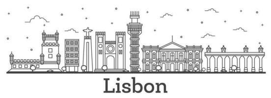 Outline Lisbon Portugal City Skyline with Historic Buildings Isolated on White. vector