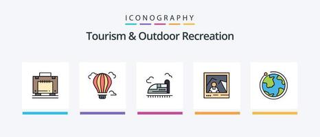 La línea de turismo y recreación al aire libre llenó un paquete de 5 íconos que incluye gafas. hotel. té. boleto. pasar. diseño de iconos creativos vector