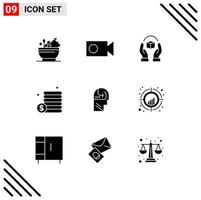 Mobile Interface Solid Glyph Set of 9 Pictograms of mind learning caring money cash Editable Vector Design Elements