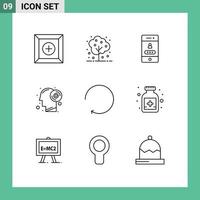 Set of 9 Vector Outlines on Grid for rotate arrow lock productivity brain Editable Vector Design Elements